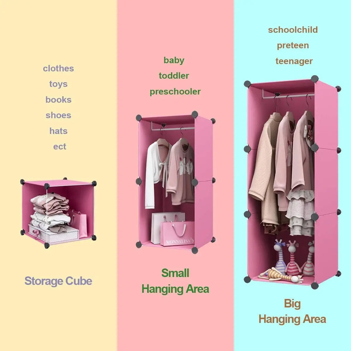 MAGINELS Kids Closet & Wardrobe – Pink 8-Cube Baby Dresser with Doors