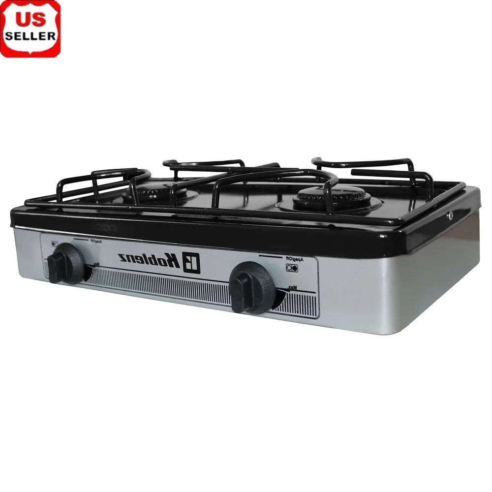 2-Burner Outdoor Propane Stove – Adjustable Flames, LP Gas, Manual Ignition with Compression Connector for Camping Cooking