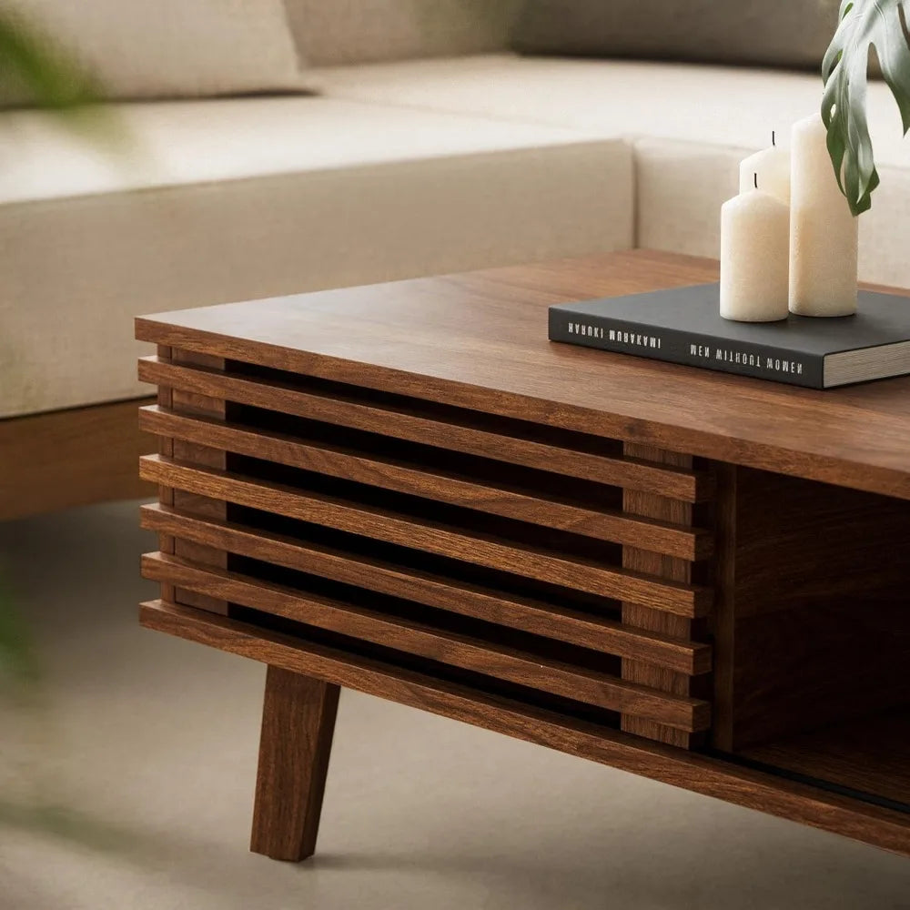 Mid-Century Modern Coffee Table – Walnut Finish with Storage & Sliding Fence Door