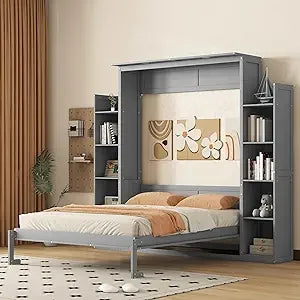 Queen Size Murphy Wall Bed – Foldable Wood Frame with Shelves & LED Lights