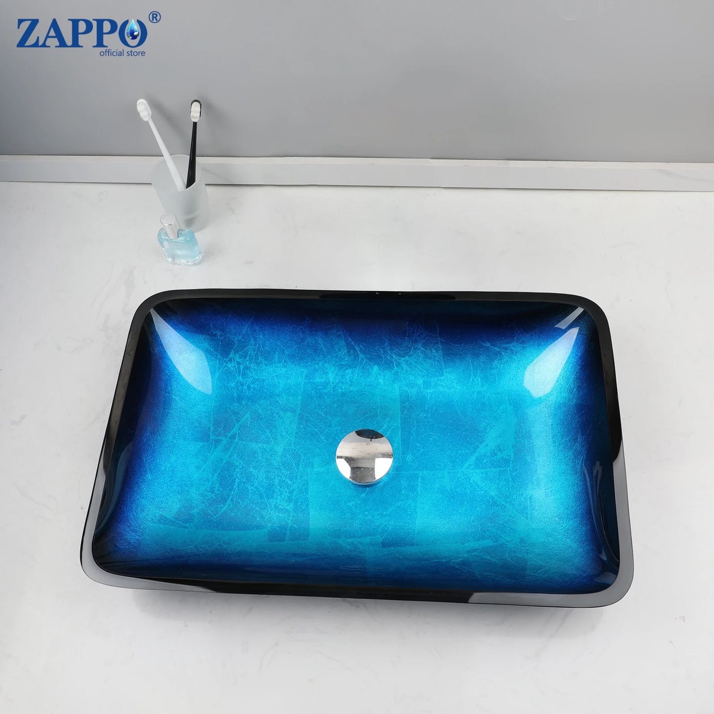 ZAPPO Blue Tempered Glass Vessel Sink – Oval Above-Counter Basin with Black Waterfall Faucet