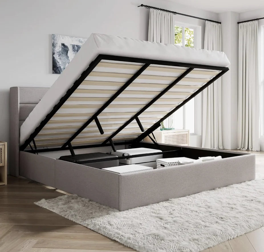 King Upholstered Storage Bed – Lift-Up Platform with Wingback Headboardking storage bed, upholstered lift up bed, wingback headboard bed, modern platform bed, bedroom furniture with storage