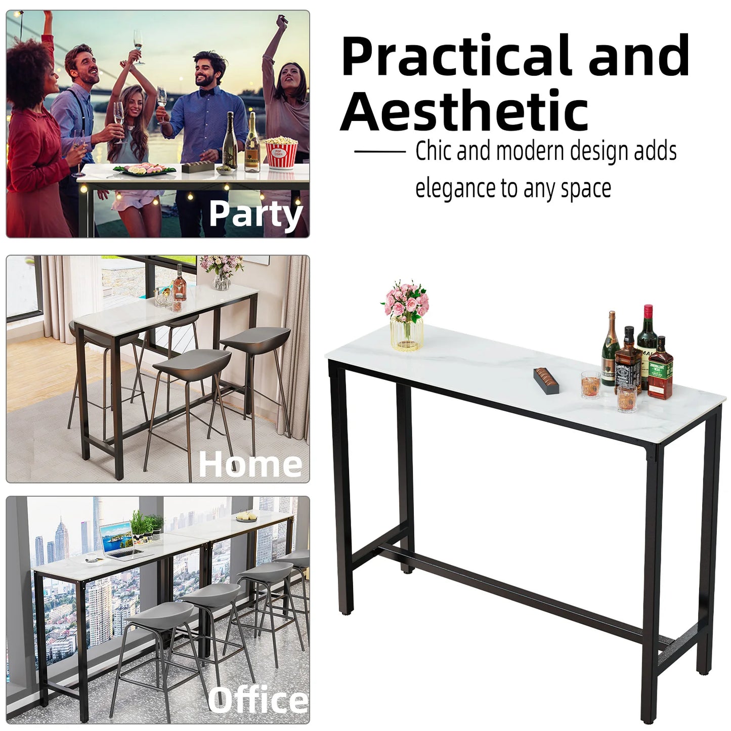 Sintered Stone Bar Table – White Rectangular Counter-Height Dining Table with Black Metal Frame, High Top Pub Table