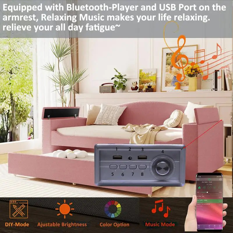 Pink Twin Upholstered Daybed with Trundle, Storage Armrests & Bluetooth Audio, Teddy Fleece