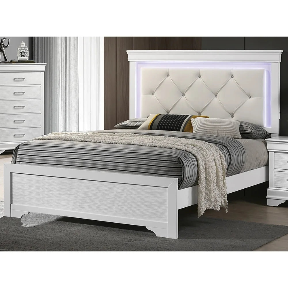 Queen Size White Faux Leather Bed Frame with Tufted LED Headboard & Solid Wood Base