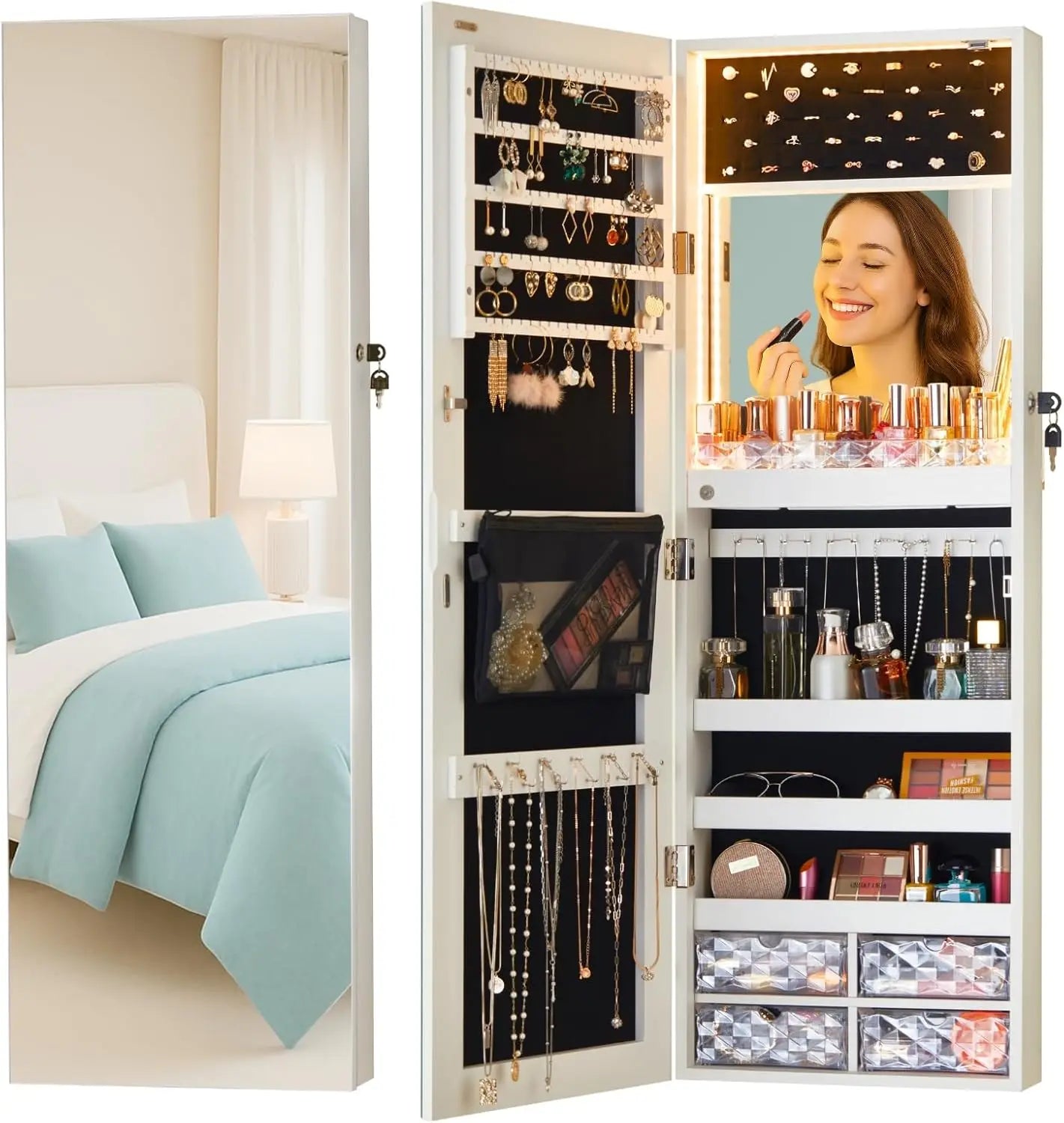 LED Mirror Jewelry Cabinet – Wall/Door Mounted Organizer with Lights