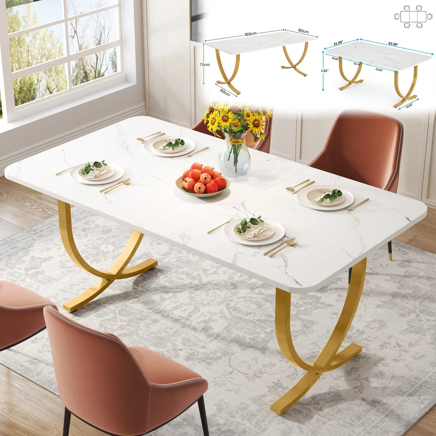 Tribesigns 63″ Modern Dining Table – Faux Marble Rectangular Table for 4–6modern dining table, faux marble table, rectangular dining table, Tribesigns table, dining table for 6, contemporary dining table, kitchen table,