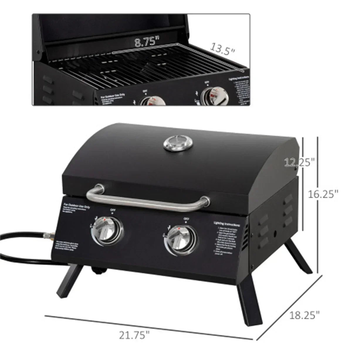 Folding Gas BBQ Grill – Portable 2-Burner Tabletop Grill with Charcoal Option