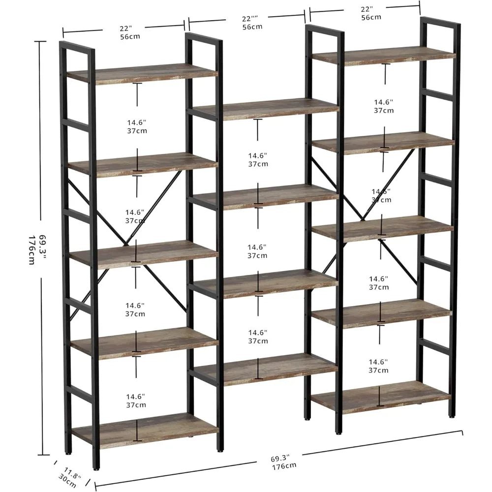 Triple Wide 5-Tier Industrial Bookshelf – Large Open Etagere with Metal Frame