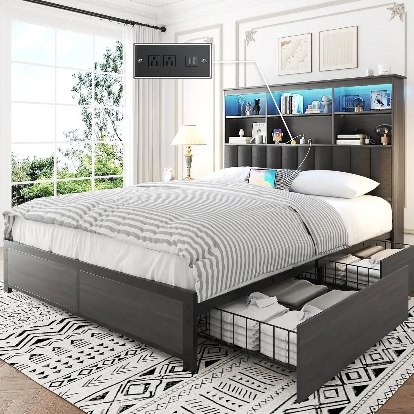 Queen Bed Frame with Storage Drawers, Bookcase Headboard, LED Lights & Charging Station – No Box Spring Needed