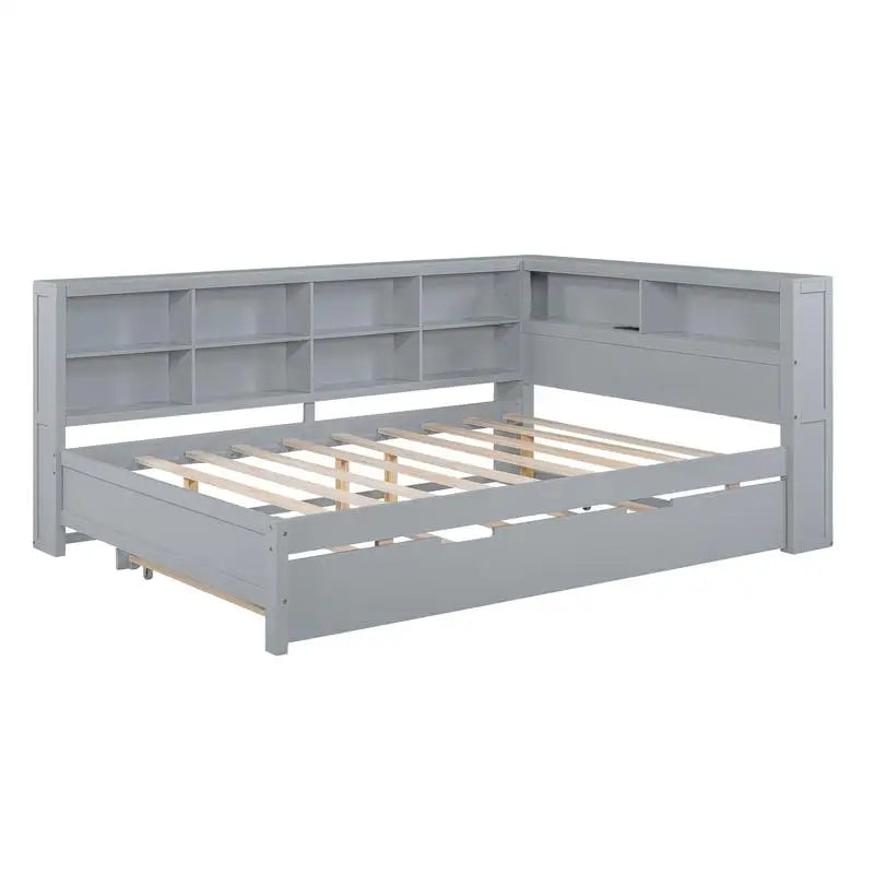 Grey Wooden Full Size Daybed with Twin Trundle, Storage Shelf & Built-in USB Ports