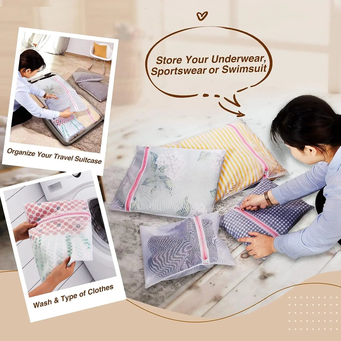 125L Laundry Hamper with Lid – 3-Section & 2-Section Removable Bags + 5 Mesh Bags, Handwoven