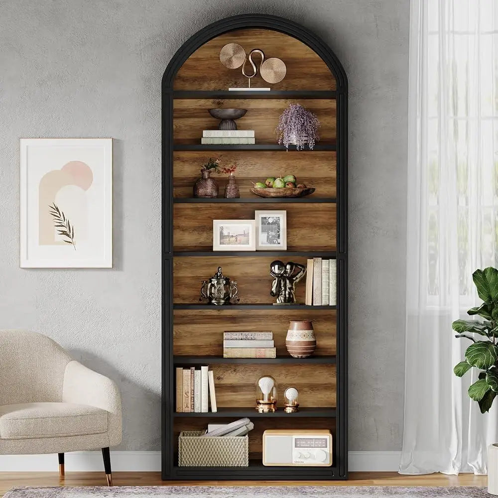 Tall Arched 8-Tier Bookshelf – Modern Wooden Floor-Standing Bookcase with Storage Shelves