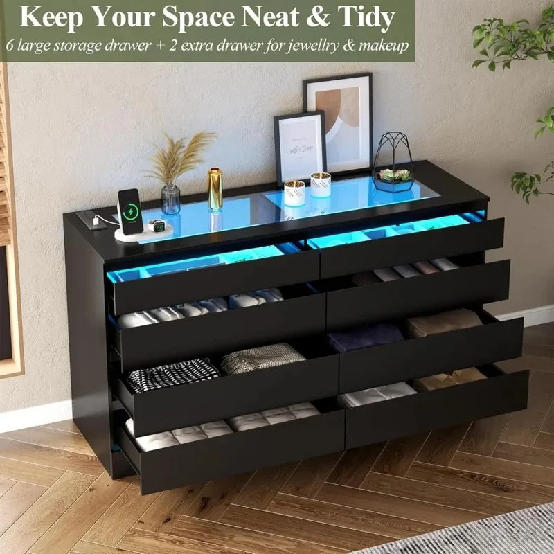 8-Drawer Dresser with Power Outlet, White Bedroom Chest with Glass Top & LED Light