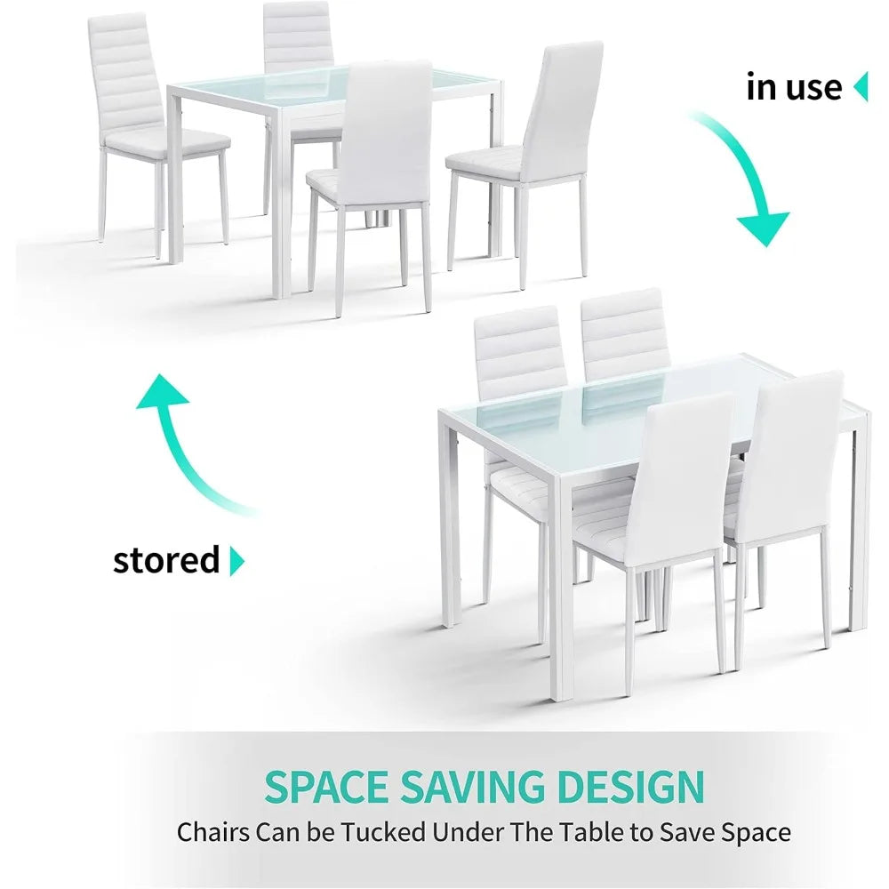 5-Piece Glass Dining Table Set – Modern Kitchen Table with 4 PU Leather Chairs for Home, Dining & Living Room