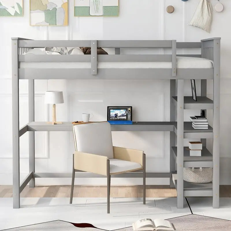Twin Loft Bed with Storage Shelves & Under-Bed Desk – Space-Saving Gray Design