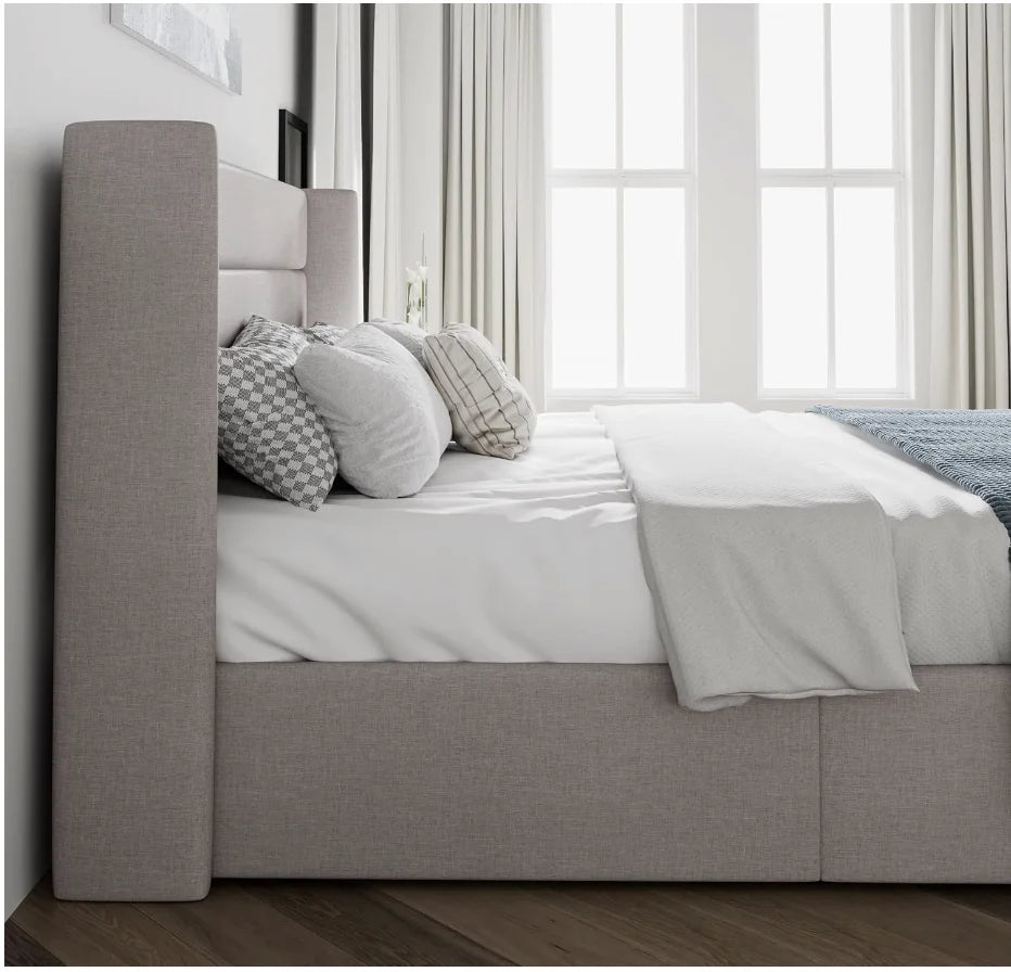 King Upholstered Storage Bed – Lift-Up Platform with Wingback Headboardking storage bed, upholstered lift up bed, wingback headboard bed, modern platform bed, bedroom furniture with storage