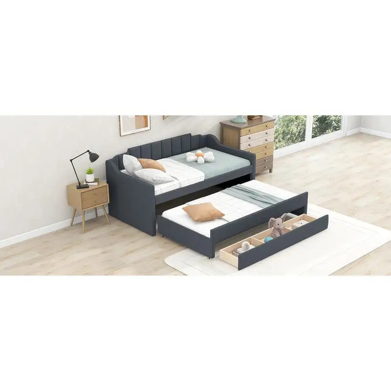 Grey Twin Upholstered Daybed with Trundle & 3 Storage Drawers