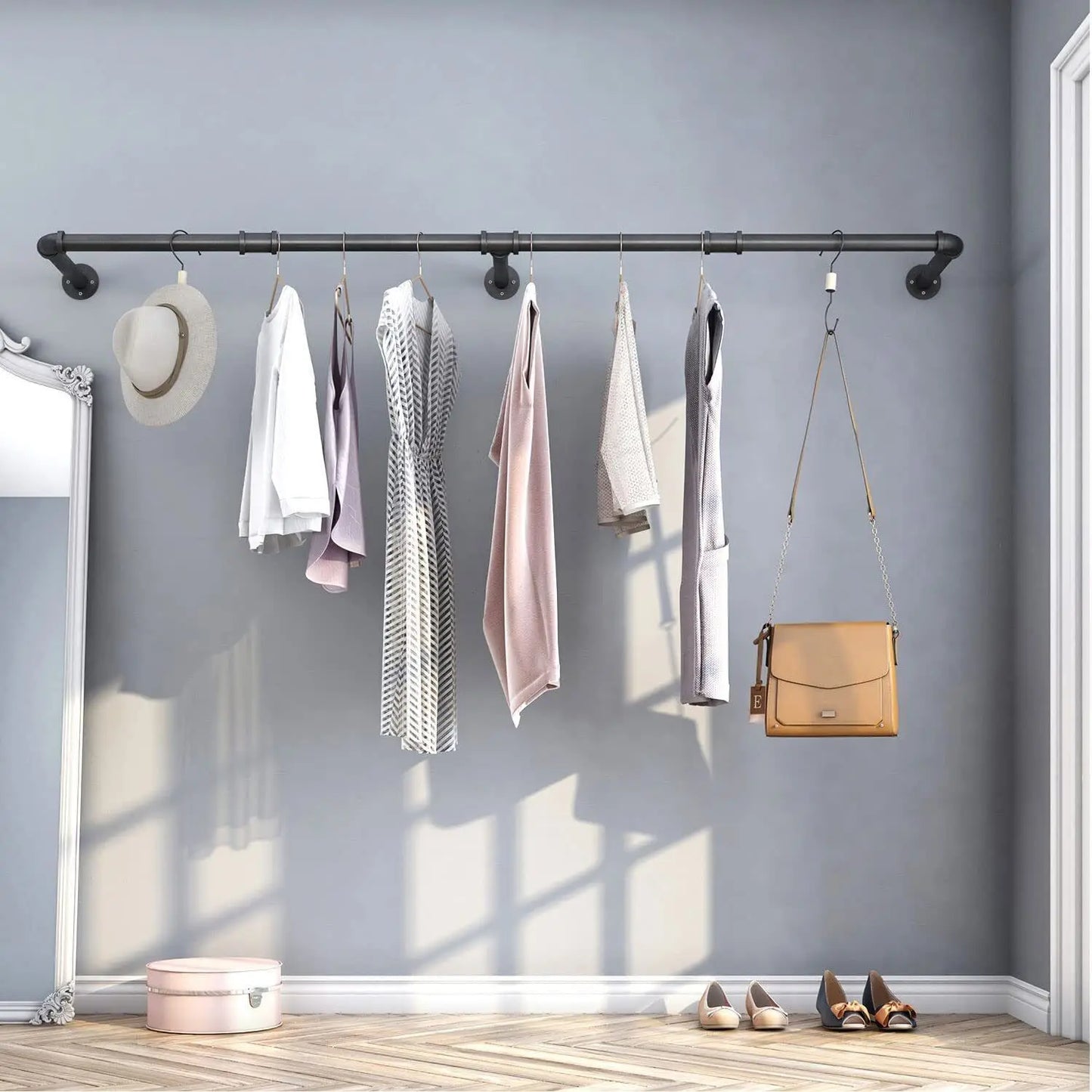 Wall-Mounted Pipe Rack – 180cm with Shelf & Hooks
