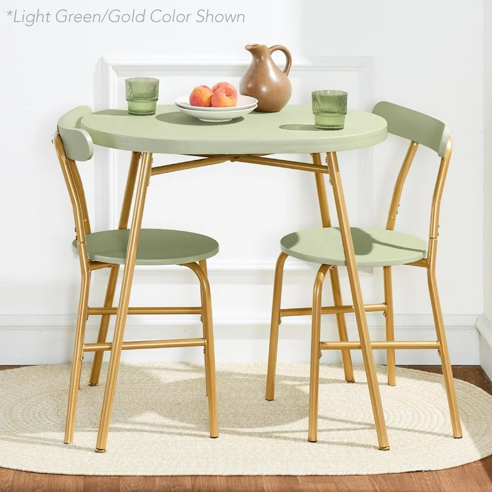 Modern Oval Dining Table Set – Small Kitchen Dinette with 2 Chairs, Metal Frame & Curved Backrests (Dark Green/Gold)