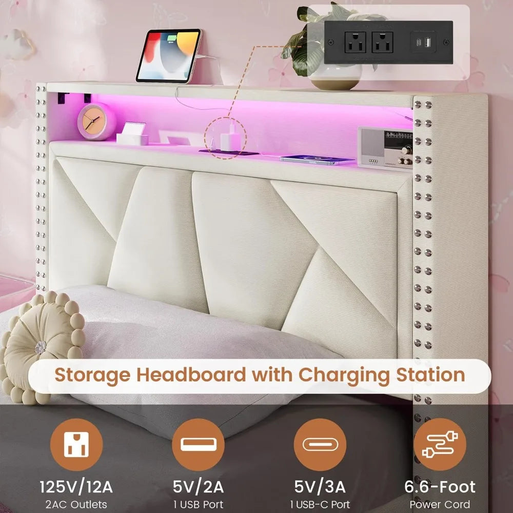White Twin Upholstered Platform Bed Frame with LED Storage Headboard