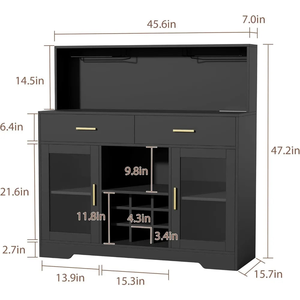 Wine Bar with Power Outlet – Black Liquor Cabinet with LED Lights, Coffee Bar & Built-In Wine Rack