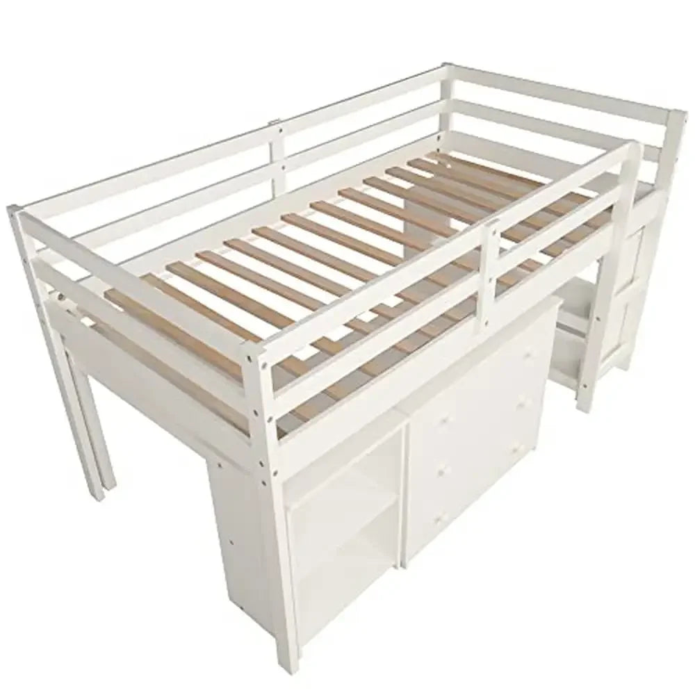 Twin Loft Bed with Rolling Desk & Storage Cabinet – White Bunk Bed with Guardrails