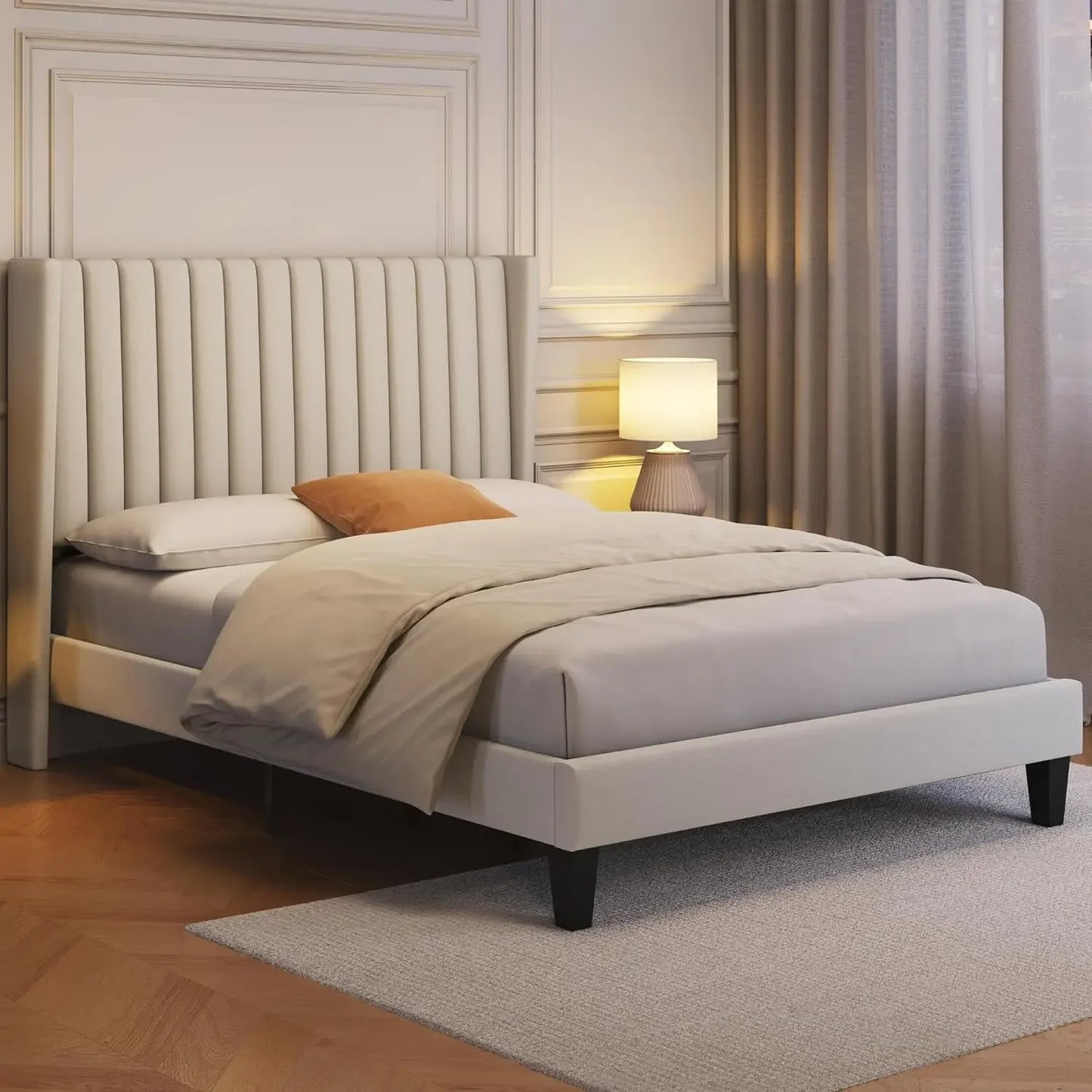 Upholstered Platform Bed Frame – Fabric Headboard with Wing Edge & Wooden Slat Support