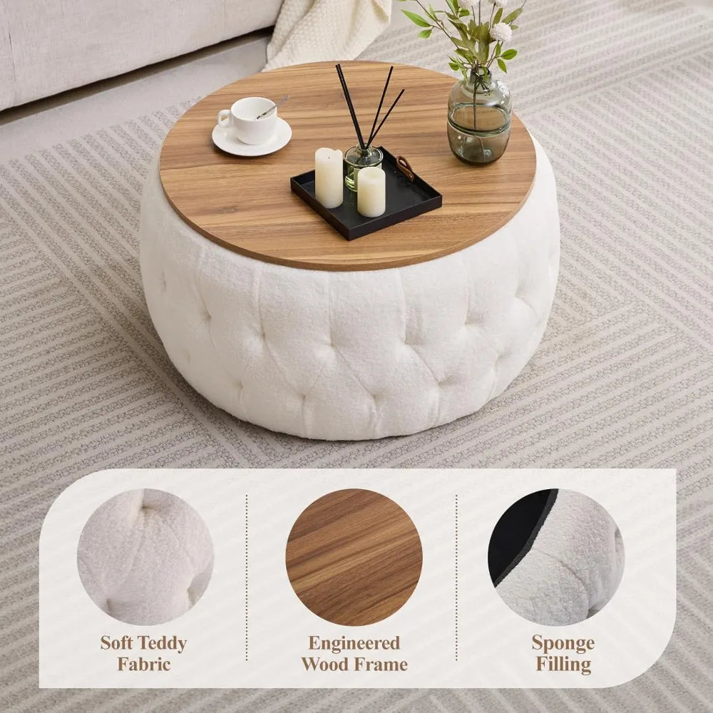 Round Storage Ottoman with Wooden Lid – Tufted Teddy Fabric Footrest, Stool & Coffee Table