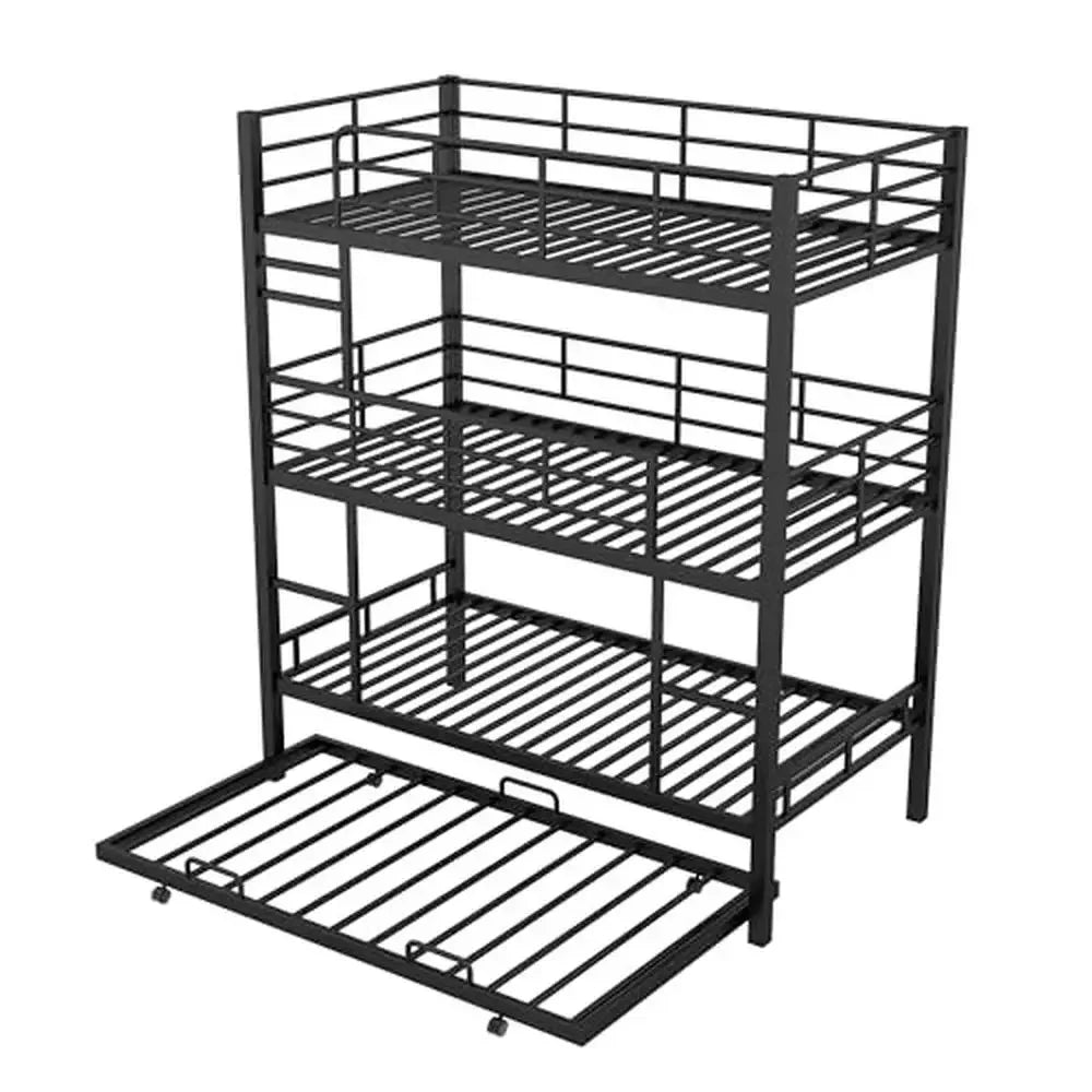 Triple Bunk Bed with Trundle – Metal Twin/Twin/Twin Frame with Ladders & Safety Rails