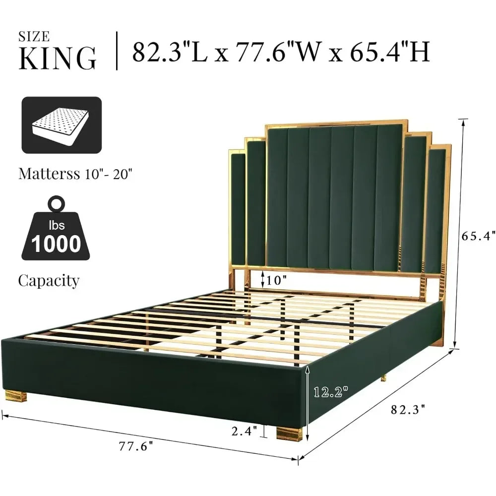 King Size Velvet Platform Bed Frame – Green Upholstered with Gold Trim Headboard & Wooden Slats