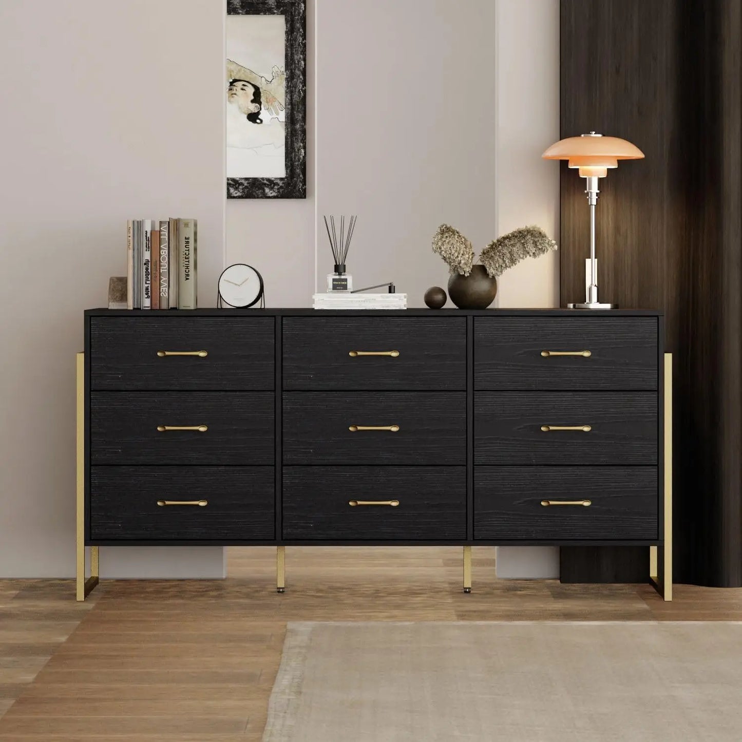 Modern 9 Drawer Black Dresser with Gold Legs – Large Bedroom Storage