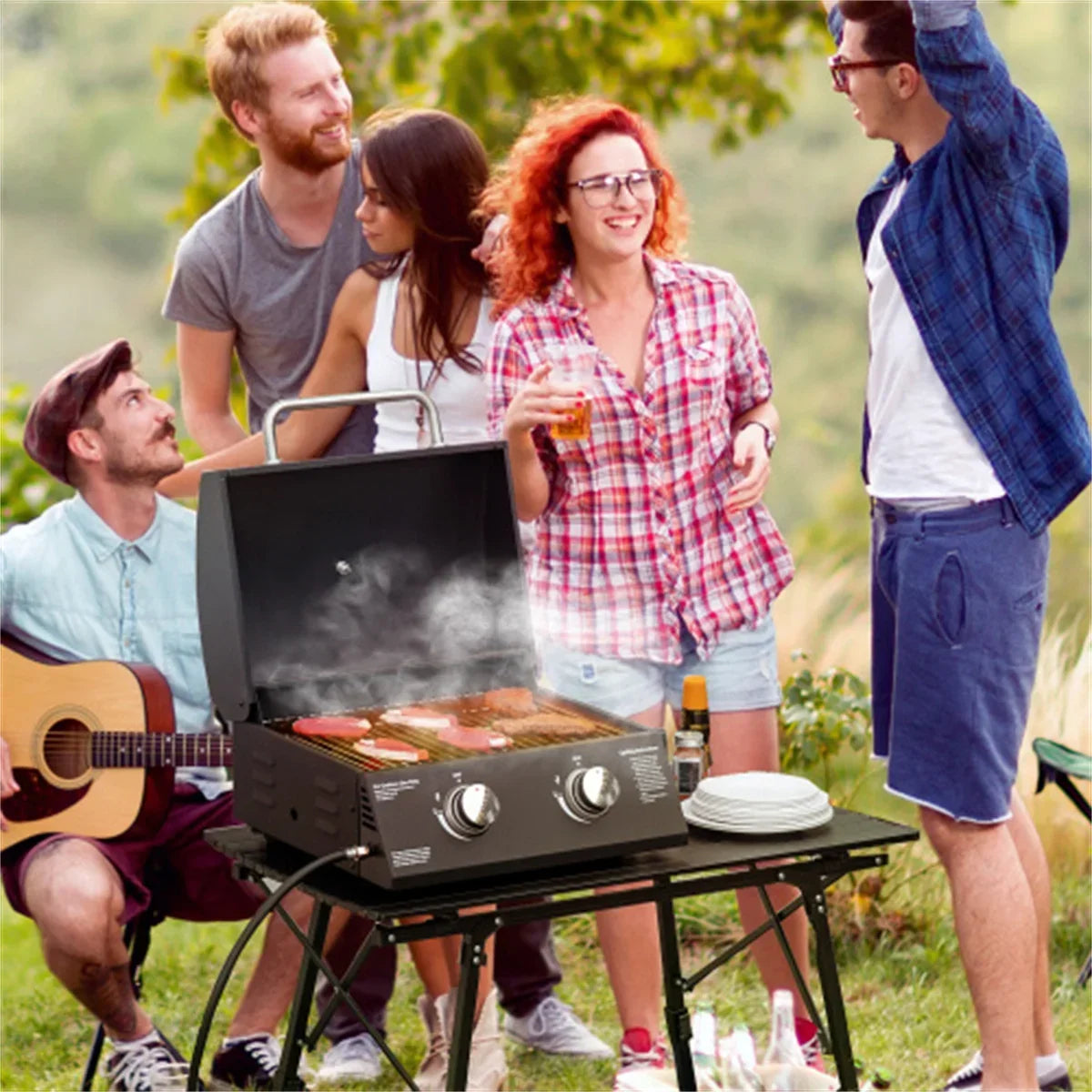 Folding Gas BBQ Grill – Portable 2-Burner Tabletop Grill with Charcoal Option
