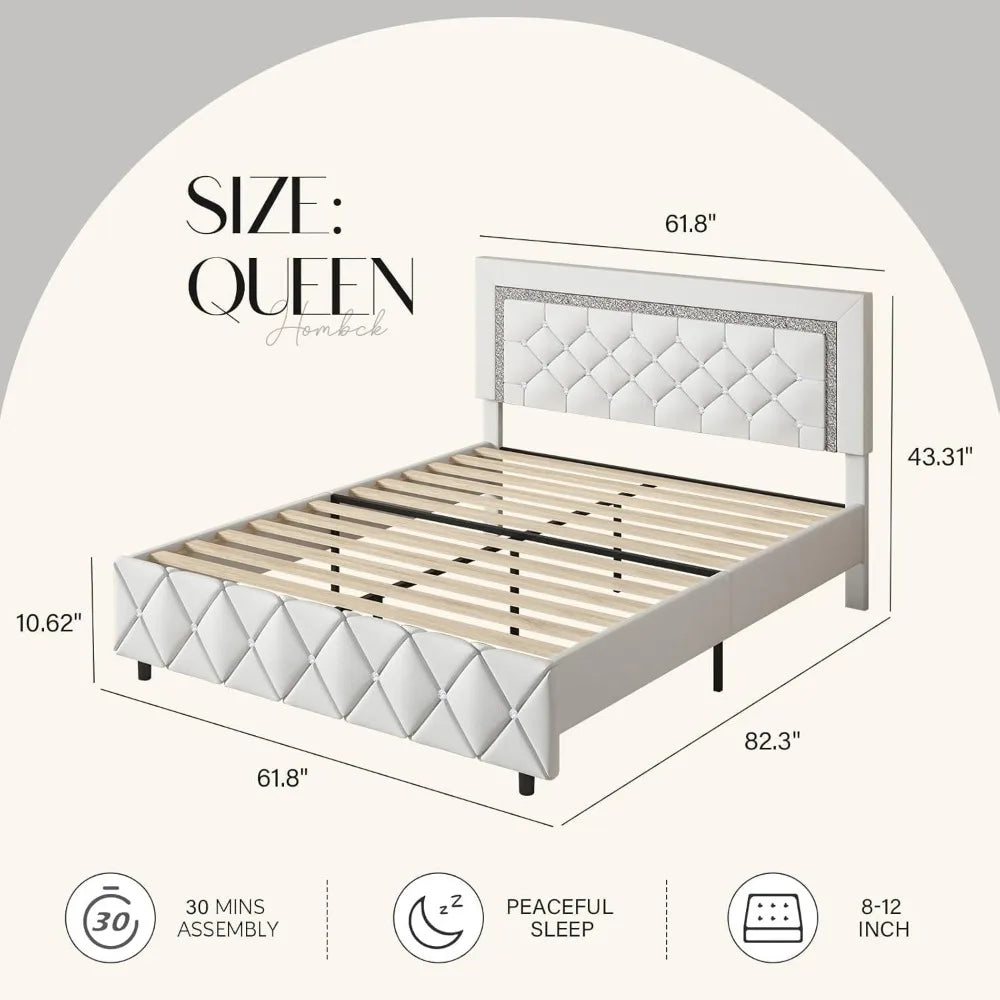 Platform Bed Frame with Upholstered Diamond Headboard & Wooden Slat Support