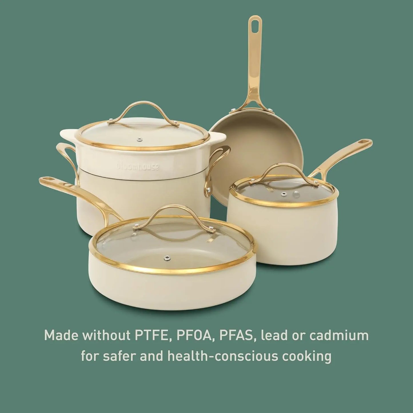 8-Piece Premium Ceramic Nonstick Cookware Set – Almond Cream & Gold Finish