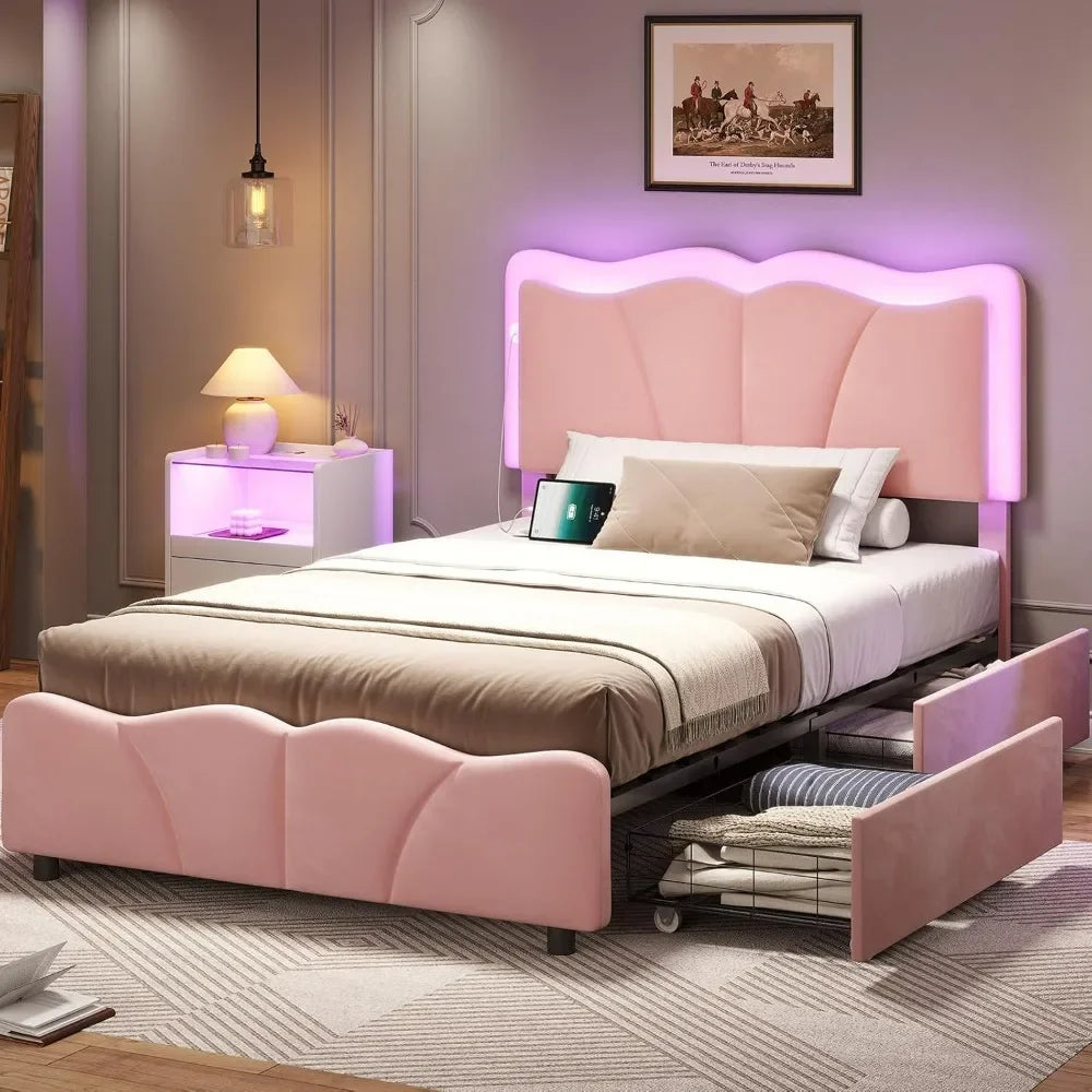 Twin Velvet Upholstered Platform Bed Frame with LED Headboard, 4 Storage Drawers & Adjustable Height