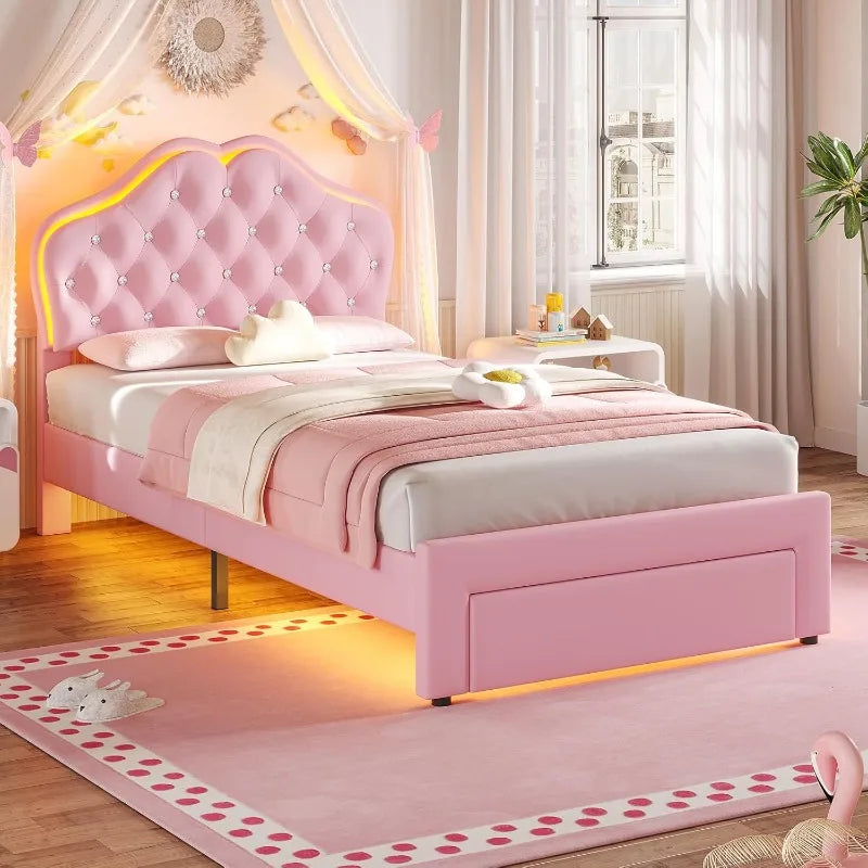 Twin Size Princess Bed – Pink Upholstered Platform with Storage Drawer & Adjustable Crystal Headboard