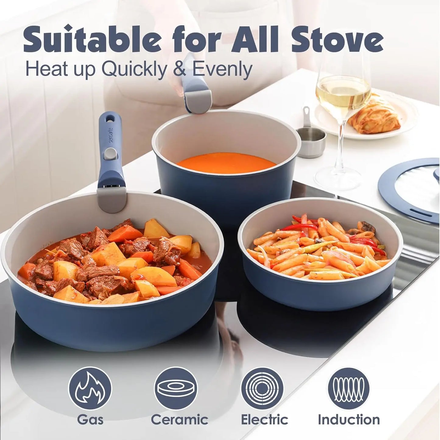 17 Piece Ceramic Pots and Pans Set, Nonstick Detachable Handle Cookware, Induction Kitchen Cookware Set with Removable