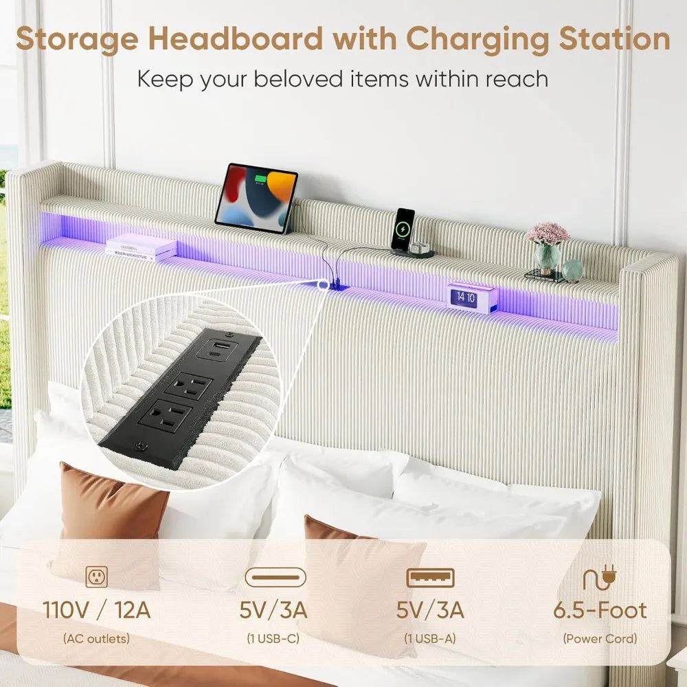 55.3" Corduroy Upholstered Platform Bed – Tall Headboard with LED Lights & USB Charging