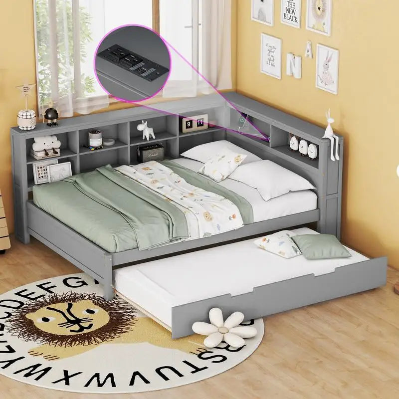 Grey Wooden Full Size Daybed with Twin Trundle, Storage Shelf & Built-in USB Ports