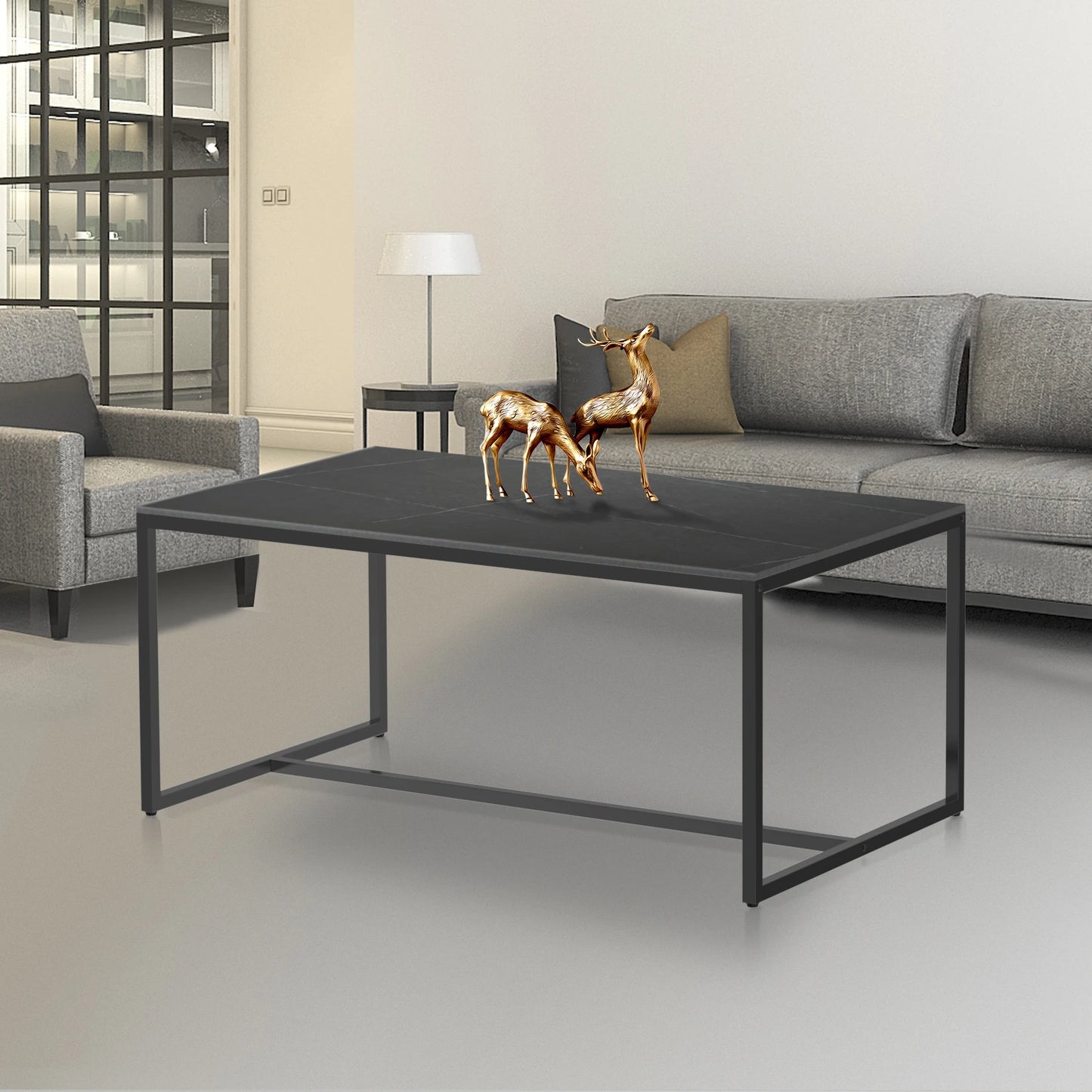 Modern Marble & Metal Coffee Table – Open Rectangle Accent Table for Living Room