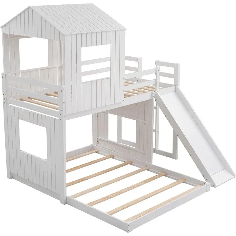 Merax Twin Over Full Bunk Bed with Slide, House Roof & Window, Safety Guardrails, White