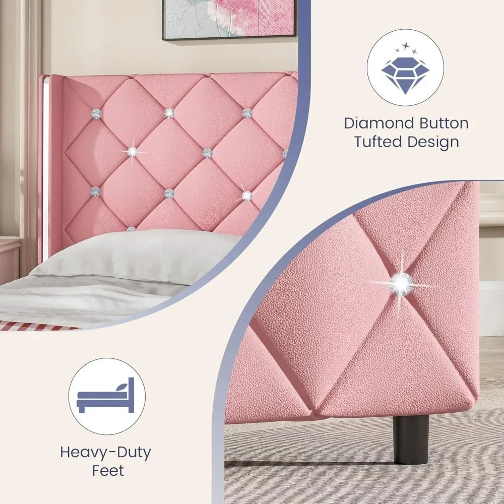 Queen Bed Frame with Diamond Headboard – Pink Faux Leather, Upholstered Platform, Easy Assembly