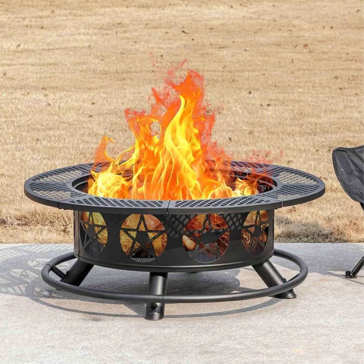 36" Wood Burning Fire Pit – Outdoor Firepit with 2 Grills, Lid & Poker for BBQ and Backyard