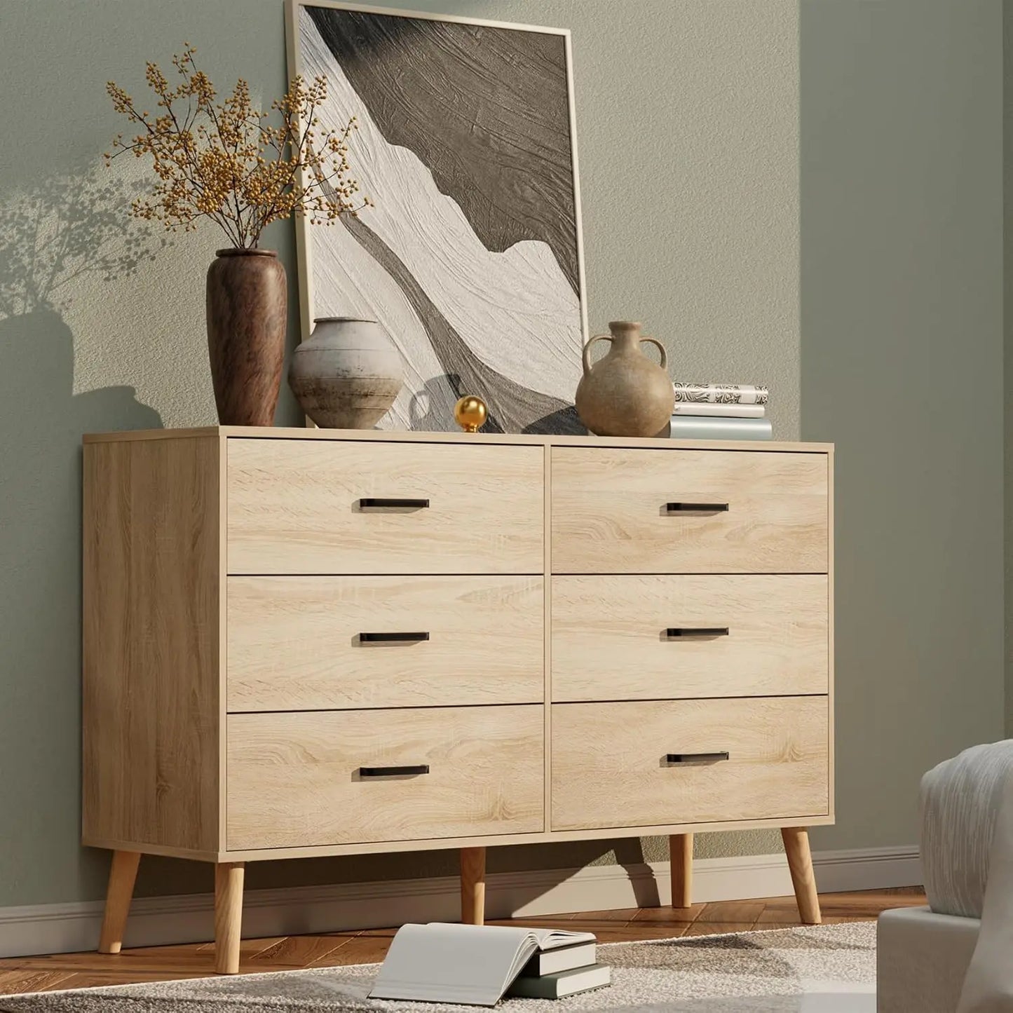 Wood Dresser for Bedroom 6 Drawer Dresser with Metal Handles Mid Century Modern Dresser Double Chest of Drawer Light Oak