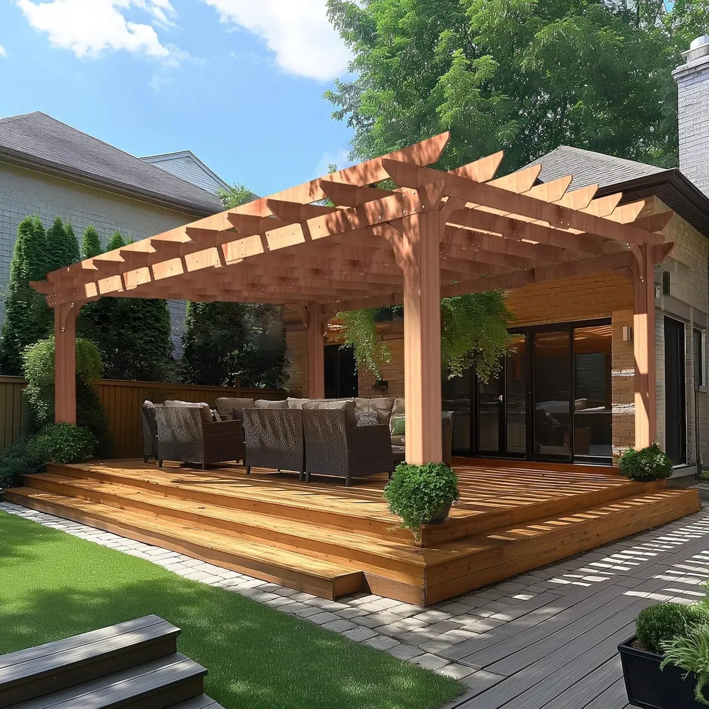 12x16 FT Wooden Pergola – Cedar Wood Gazebo with Flat Roof, Outdoor Garden Shelter with Stakes for Patio, Deck, Backyard & Lawn