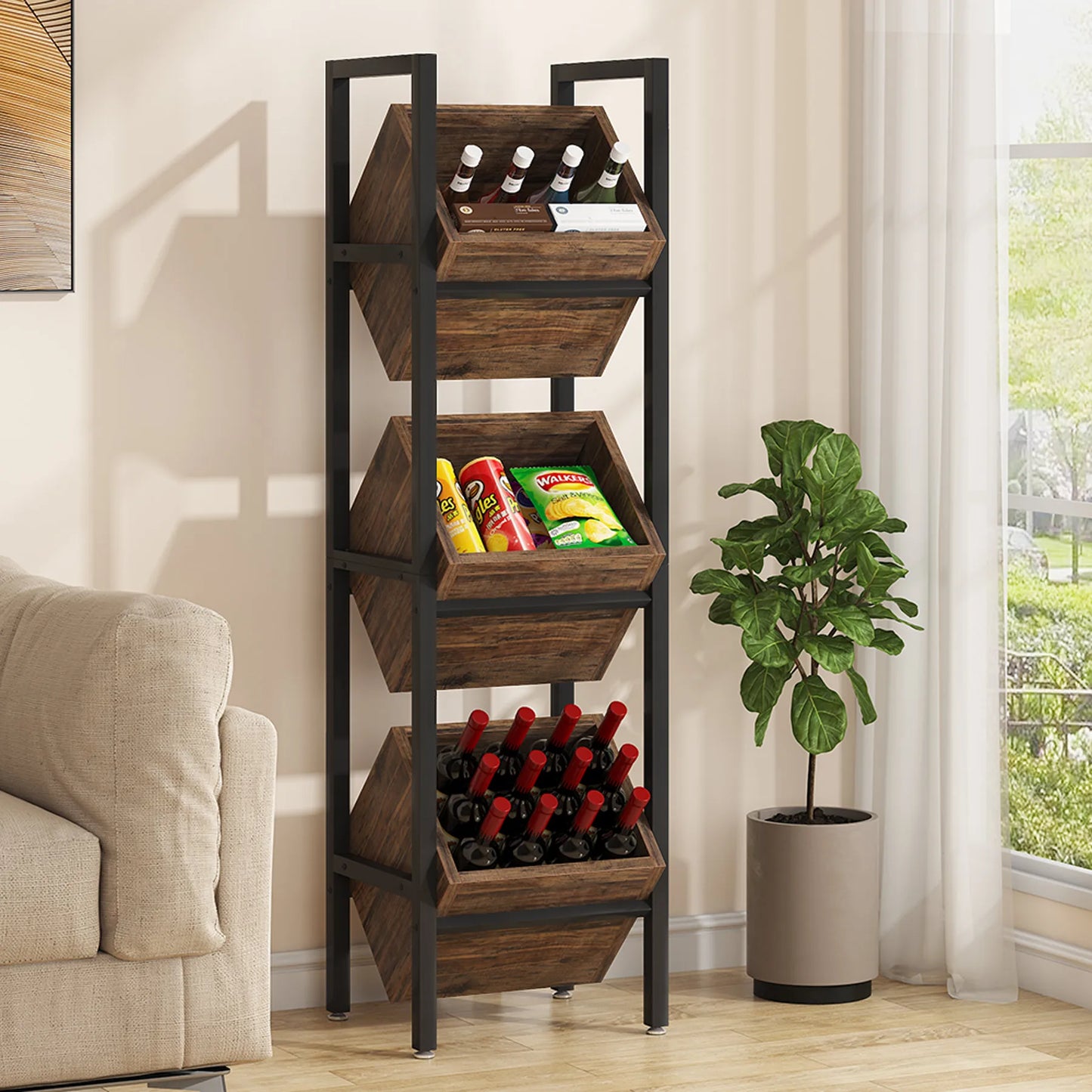 Tribesigns Basket Stand – 3-Tier Wood Shelving Unit with Baskets, Rustic Vertical Storage Tower for Living Room