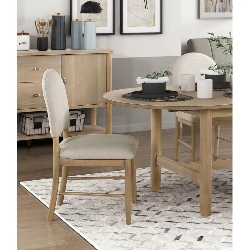 5-Piece Luxury Dining Set – Oval Natural Wood Table with 4 Beige Upholstered Chairs