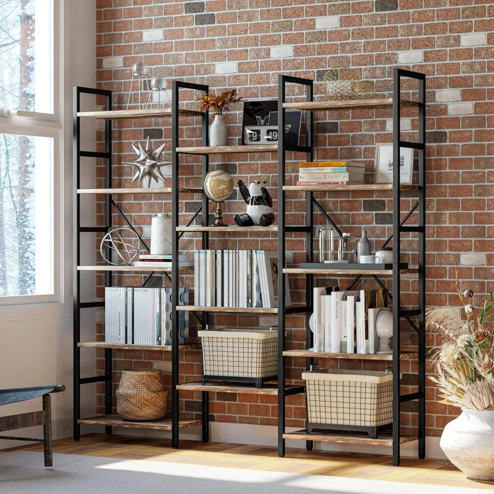 Triple Wide 5-Tier Industrial Bookshelf – Large Open Etagere with Metal Frame