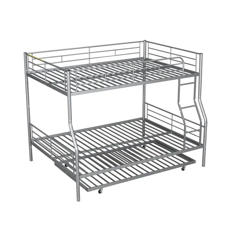 Silver Metal Bunk Bed, Full XL Over Queen with Trundle, Heavy-Duty Frame